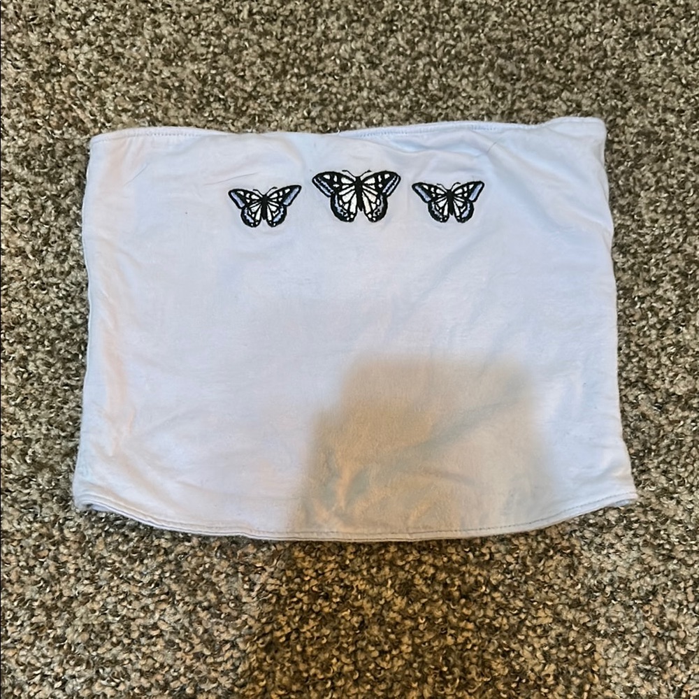 White Butterfly Embroidered Tube Top